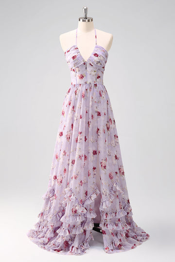 Grå lilla blomster A Line Korset Halter Brudepigekjole med slids